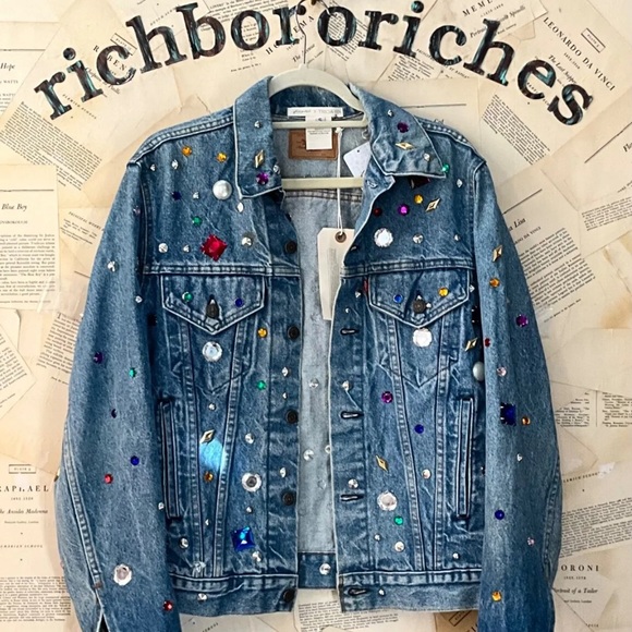 Free People x Tricia Fix Dazzled Denim Jacket Uncycle Reworked Jewels Studded - Picture 5 of 12